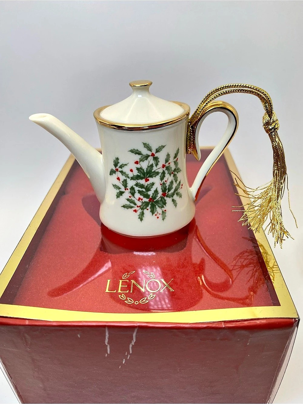 Vintage Retired Lenox Christmas Tree Teapot Ornament Porcelain holly gold trim